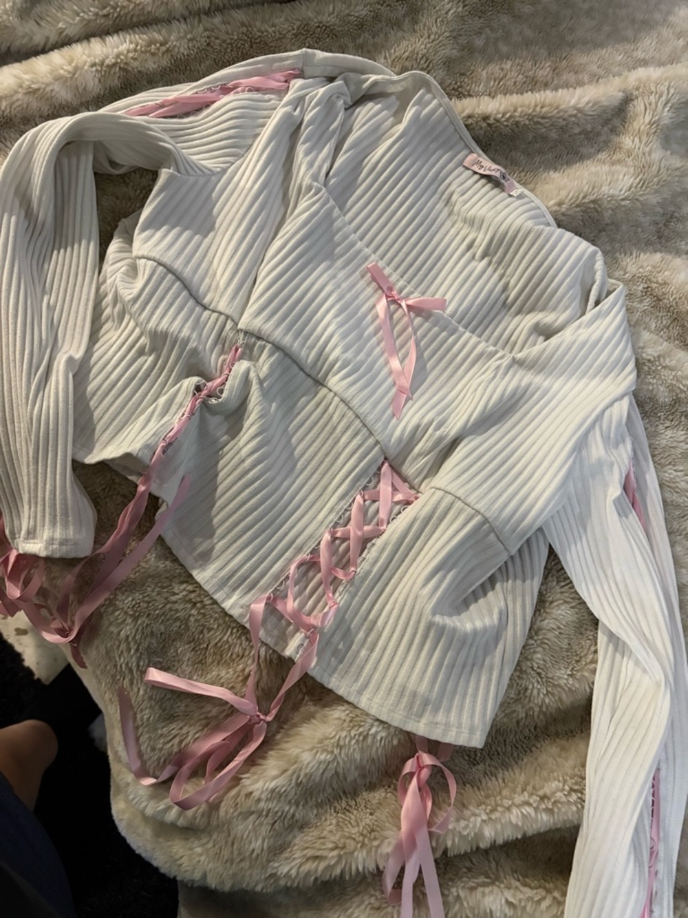 White Ribbed Long-Sleeve Top with Pink Ribbon Detail